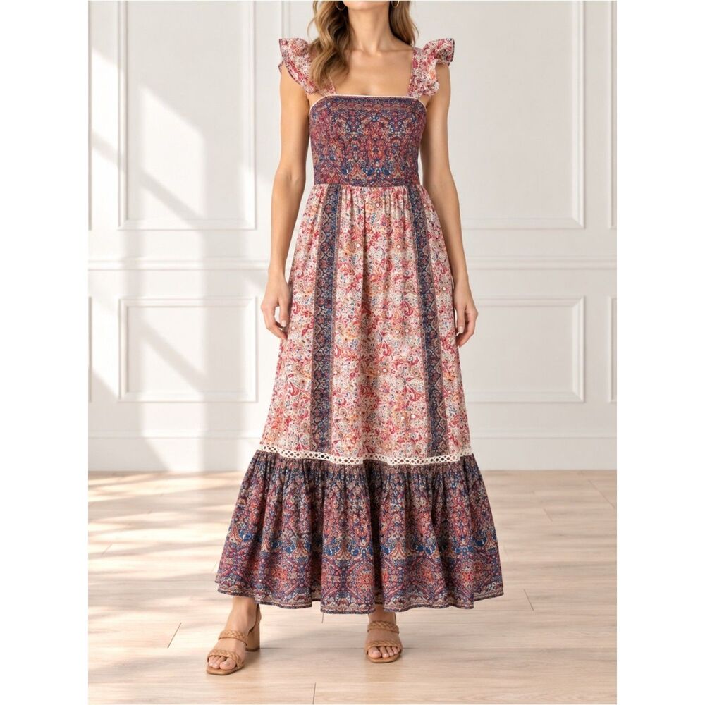Haute Hippie Maxi Dress Size 10 Paisley Floral Open Tie Back Ruffle Boho NWOT